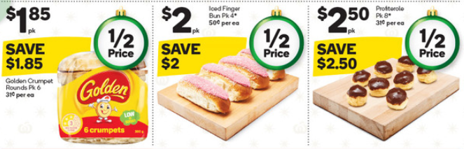 Baked goods selling at half-price at Woolworths.