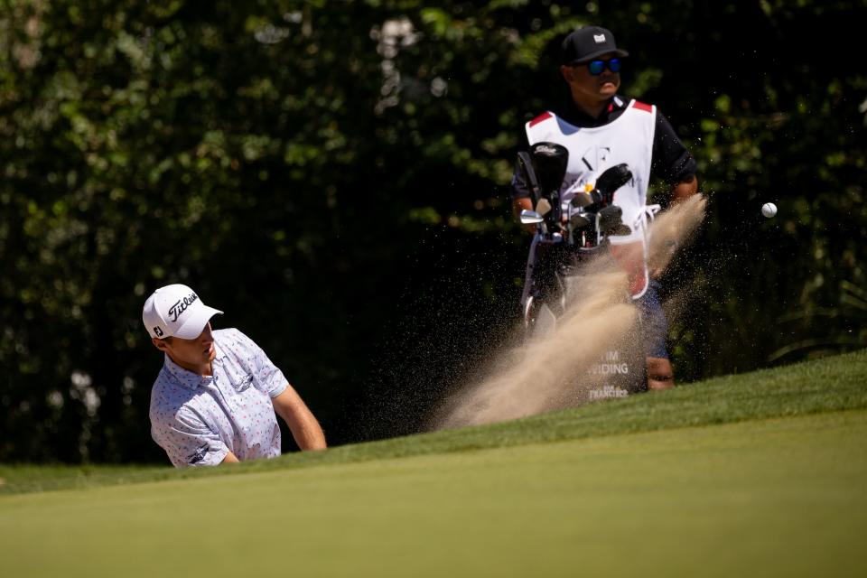 Tim Widing hits from a bunker during the Utah Championship, part of the PGA Korn Ferry Tour, at Oakridge Country Club in Farmington on Saturday, Aug. 5, 2023. | Spenser Heaps, Deseret News