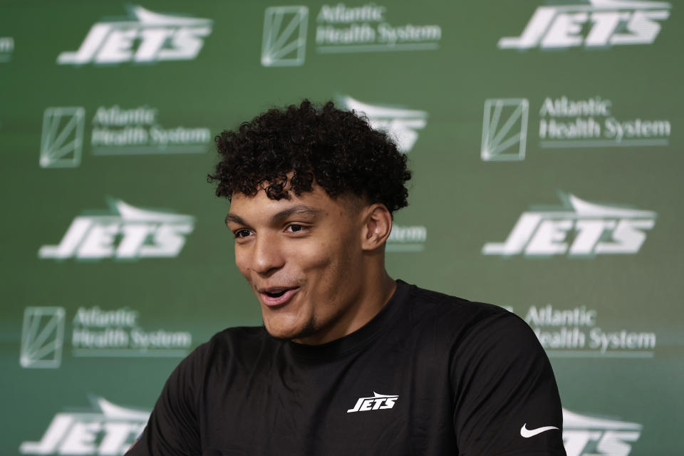 New York Jets' Braelon Allen speaks to the media after an NFL rookie minicamp football practice Friday, May 3, 2024, in Florham Park, N.J. (AP Photo/Adam Hunger)