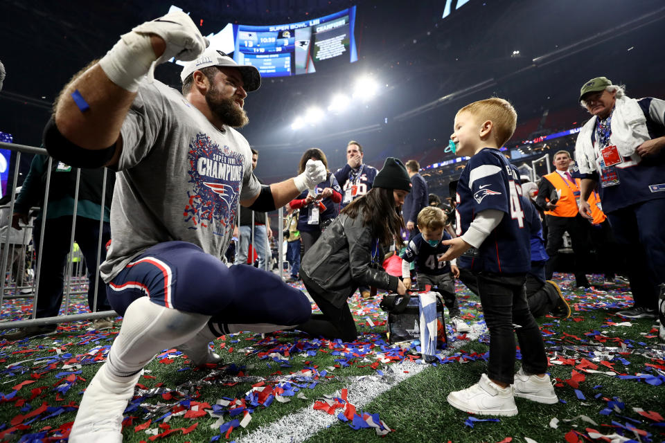 <p>James Develin #46 of the New England Patriots celebrates with his son after the Super Bowl LIII against the Los Angeles Rams at Mercedes-Benz Stadium on February 3, 2019 in Atlanta, Georgia. The New England Patriots defeat the Los Angeles Rams 13-3. (Photo by Jamie Squire/Getty Images) </p>