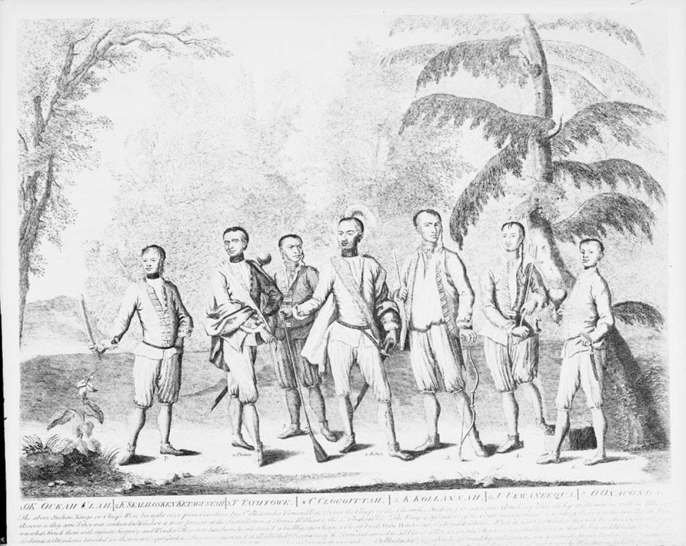 An engraving of the Cherokee ambassadors in England, 1730. <a href="https://commons.wikimedia.org/wiki/File:Chiefs_from_Carolina.jpg" rel="nofollow noopener" target="_blank" data-ylk="slk:Isaac Basire/Smithsonian Institution;elm:context_link;itc:0;sec:content-canvas" class="link ">Isaac Basire/Smithsonian Institution</a>