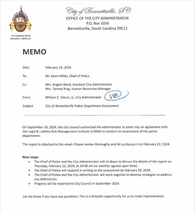 This Feb. 16, 2024, memorandum shows City Administrator William Simon’s intent to use the police department assessment to “make improvements.” However, Simon used the assessment as the basis to suspend Chief Kevin Miller just 16 days later.