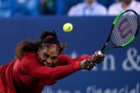 Aug 14, 2018; Mason, OH, USA; Serena Williams (USA) returns a shot against Petra Kvitova (CZE) in the Western and Southern tennis open at Lindner Family Tennis Center. Aaron Doster-USA TODAY Sports