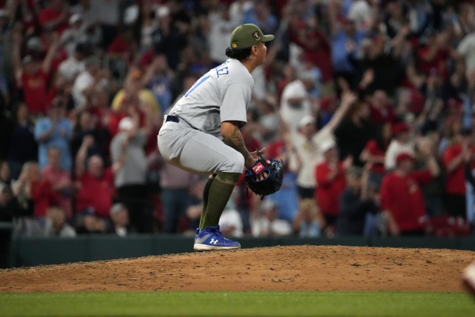 Dodgers reliever Victor Gonz&#xe1;lez watches a three-run home run hit by the Cardinals&#39; Nolan Gorman on May 20, 2023.