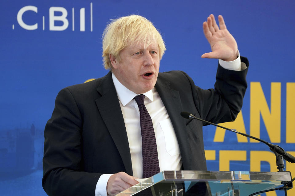 Prime Minister Boris Johnson speaks during the CBI (Confederation of British Industry) annual conference, at the Port of Tyne, in South Shields, England, Monday Nov. 22, 2021. (Owen Humphreys/Pool Photo via AP)