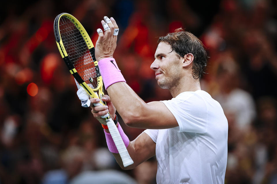 Spain's Rafael Nadal celebrates after winning against France's Jo Wilfried Tsonga in a quarterfinal match of the Paris Masters tennis tournament Friday, Nov. 1, 2019 in Paris. (AP Photo/Kamil Zihnioglu)