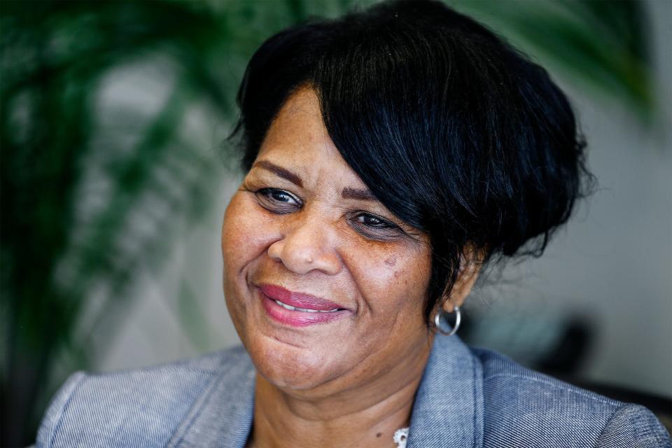 Alice Marie Johnson smiles during an interview at her lawyer's office in Memphis, Tenn.