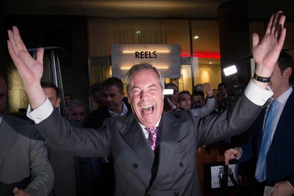UKIP Leader Nigel Farage speaking in London where he appeared to claim victory for the Leave campaign in the EU referendum.