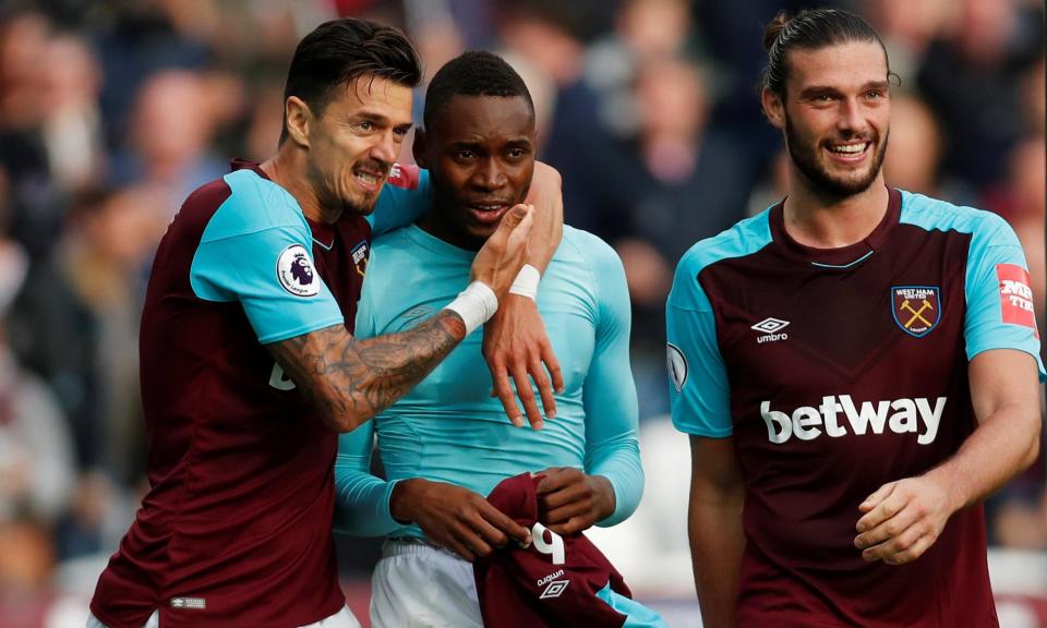 West Ham’s Diafra Sakho celebrates scoring the opening goal against Swansea.