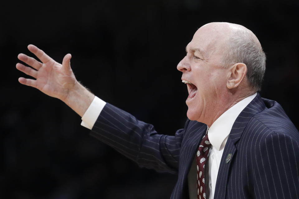 Mississippi State head coach Ben Howland yells during the second half against Liberty in a first-round game in the NCAA men’s college basketball tournament Friday, March 22, 2019, in San Jose, Calif. (AP Photo/Jeff Chiu)