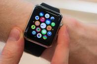 A salesman presents an Apple Watch to customers and journalists at an Apple Store in Berlin April 10, 2015. REUTERS/Stefanie Loos