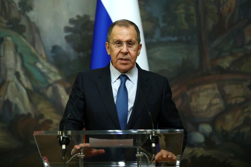 Russian Foreign Minister Lavrov makes a statement following the meeting with Azeri Foreign Minister Bayramov and Armenian Foreign Minister Mnatsakanyan in Moscow