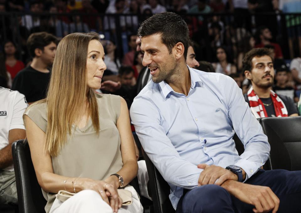 Serbian tennis player Novak Djokovic (R) and his wife Jelena Djokovic (L) arrive to follow the FIBA Basketball World Cup 2023 European Qualifiers 2nd Round Group I match between Turkiye and Serbia at Sinan Erdem Sports Hall in Istanbul, Turkiye.