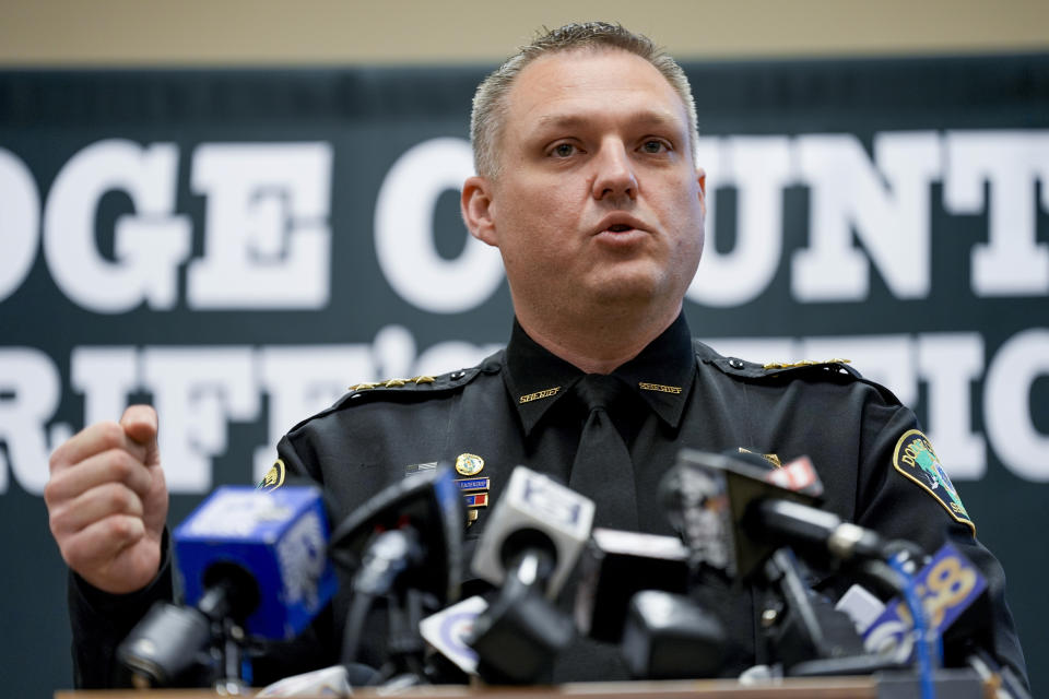 Dodge County Sheriff Dale Schmidt talks about investigations into four inmate deaths that occurred at Waupun Correctional Institution during a news conference Wednesday, June 5, 2024, in Juneau, Wis. (AP Photo/Morry Gash)