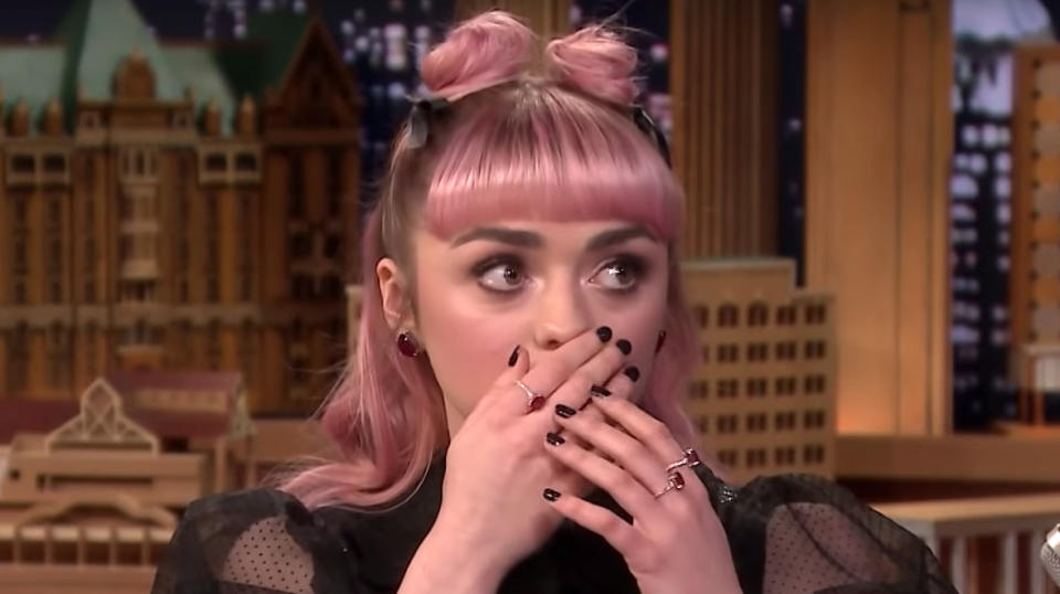 Maisie Williams pretends to cover her mouth in shock after revealing fake Game of Thrones season 8 spoiler