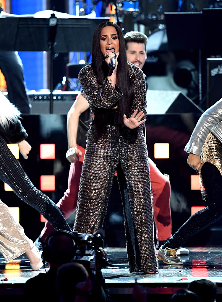 Demi Lovato performs onstage during The 59th Grammy Awards