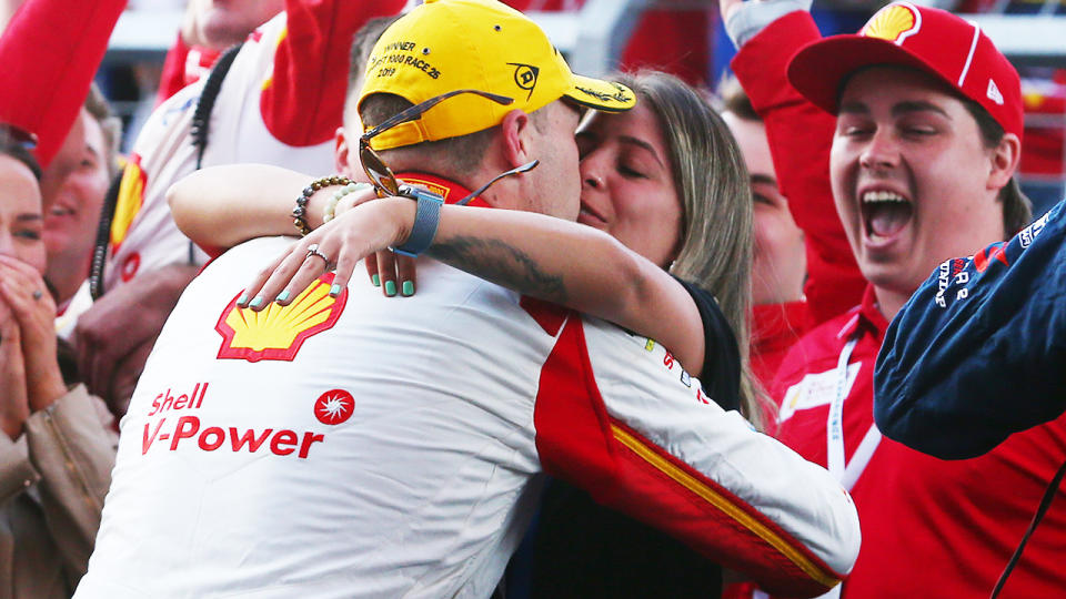 Scott McLaughlin, pictured here celebrating with Karly Paone after winning the Bathurst 1000 in 2019.