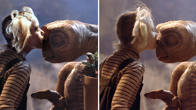 Kiernan Shipka, left, replicates Drew Barrymore's pose with E.T. from the classic 1982 film 