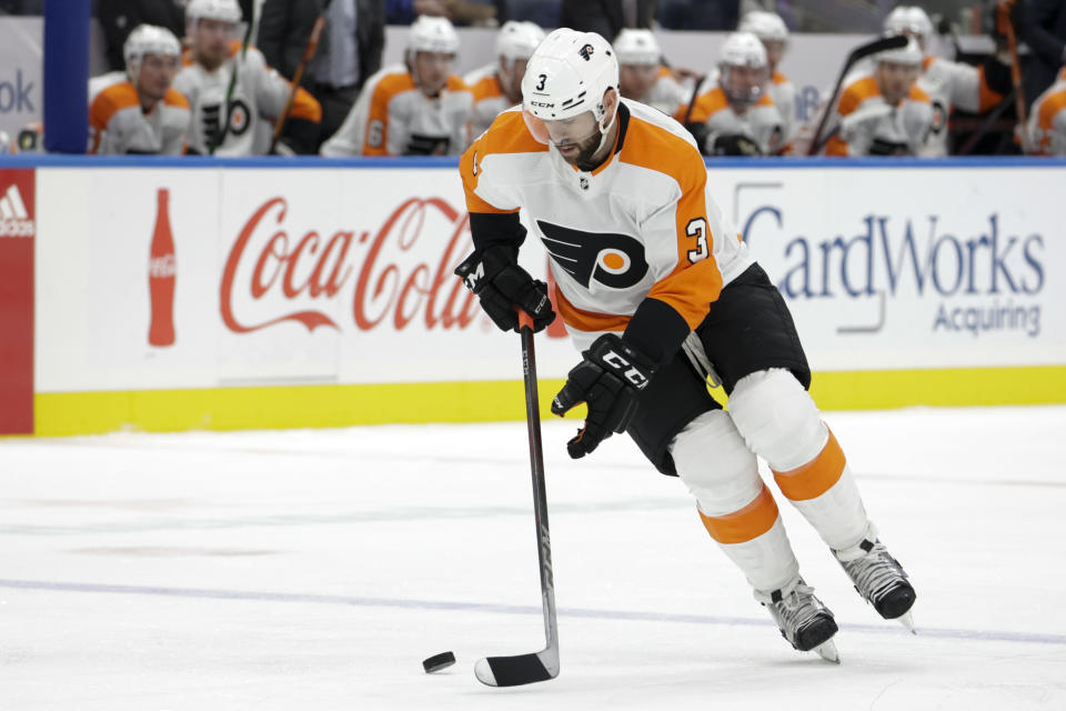 Philadelphia Flyers defenseman Keith Yandle (3) skates with the puck during the second period of an NHL hockey game against the New York Islanders, Tuesday, Jan. 25, 2022, in Elmont, N.Y. (AP Photo/Corey Sipkin)