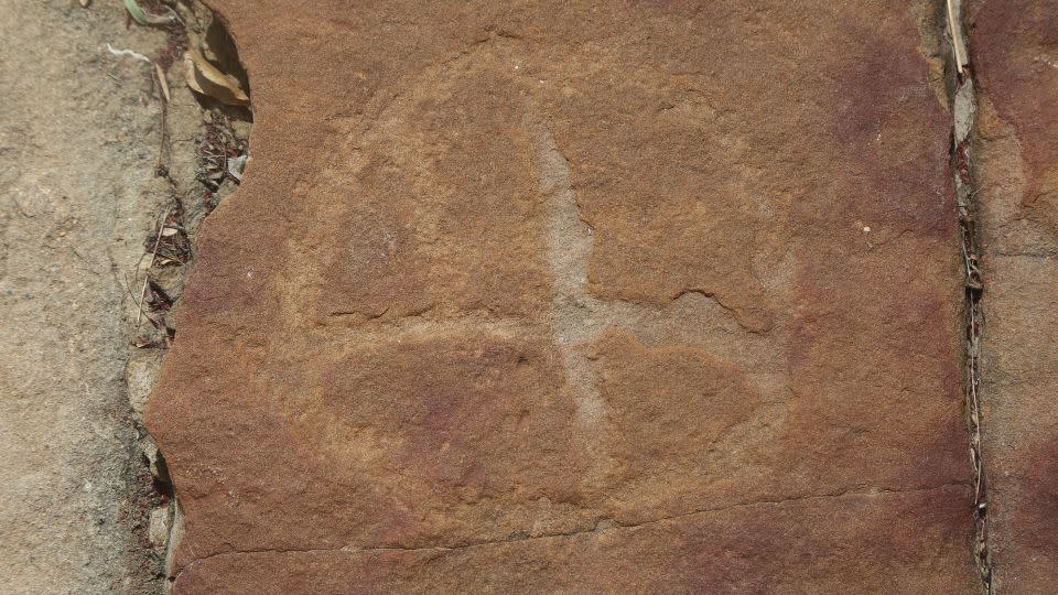 Este petroglifo es el más notable y visible del sitio, según Troiano. El círculo está dividido internamente por líneas y es de grandes dimensiones. -Leonardo Troiano