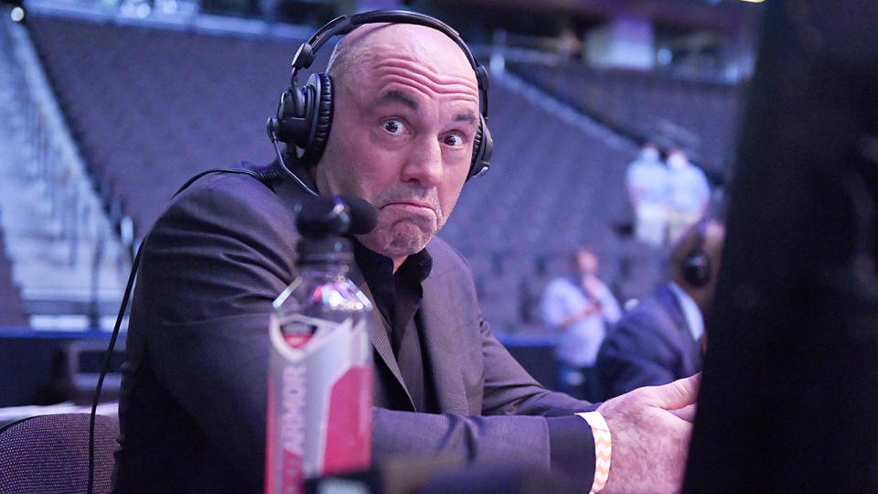 Joe Rogan is pictured during the UFC 249 broadcast.