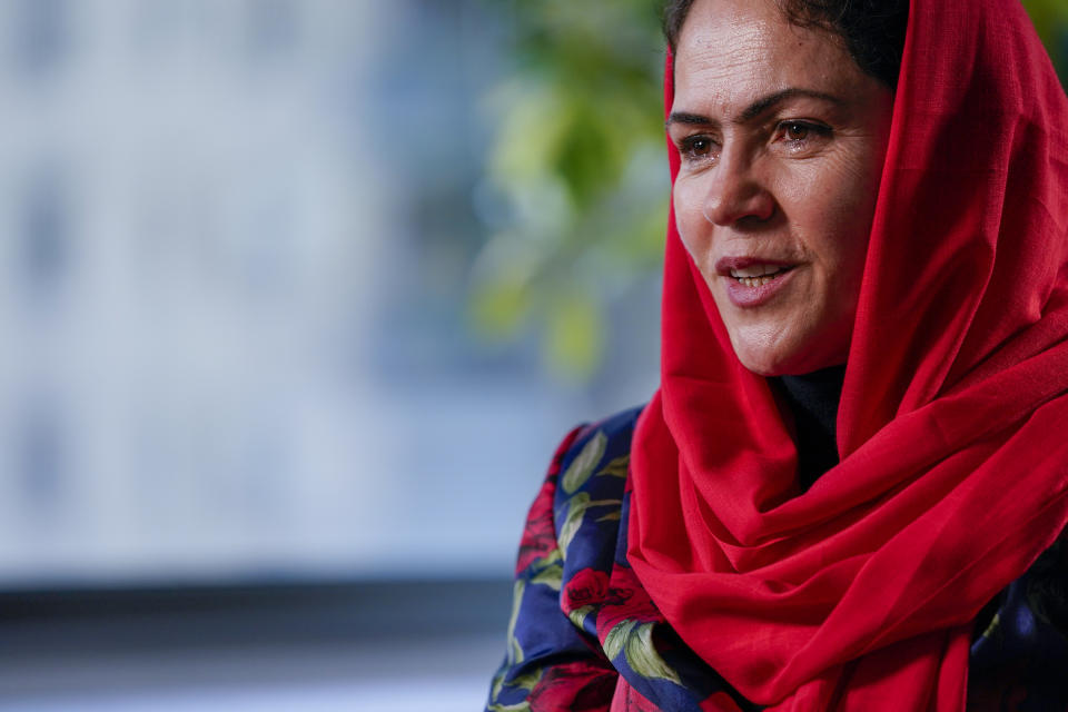 Fawzia Koofi, one of the Afghanistan's once-prominent female leaders — a former parliament member, candidate for president and a nominee for the Nobel Peace Prize -- speaks during an interview with The Associated Press, Wednesday, Oct. 20, 2021, in New York. Koofi called for humanitarian aid sent to Afghanistan to be contingent on the participation of women in its distribution, as well as free and safe travel for Afghans into and out of the country. (AP Photo/Mary Altaffer)