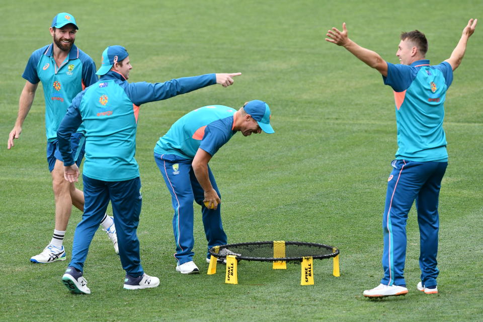 Steve Smith, pictured here with teammates during a training session at the Adelaide Oval.