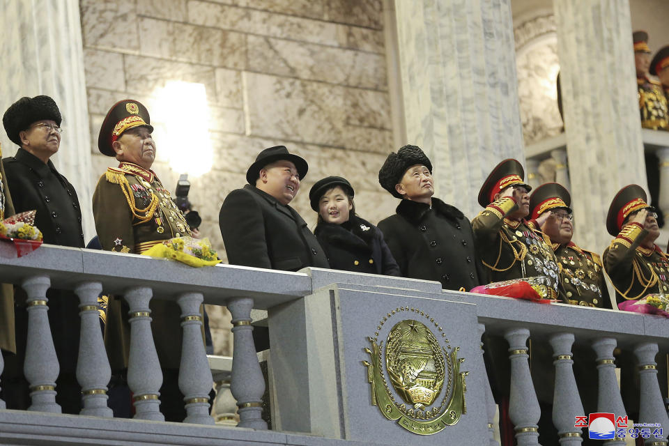 In this photo provided by the North Korean government, North Korean leader Kim Jong Un, third left, and his daughter attend a military parade to mark the 75th founding anniversary of the Korean People’s Army on Kim Il Sung Square in Pyongyang, North Korea Wednesday, Feb. 8, 2023. Independent journalists were not given access to cover the event depicted in this image distributed by the North Korean government. The content of this image is as provided and cannot be independently verified. Korean language watermark on image as provided by source reads: "KCNA" which is the abbreviation for Korean Central News Agency. (Korean Central News Agency/Korea News Service via AP)