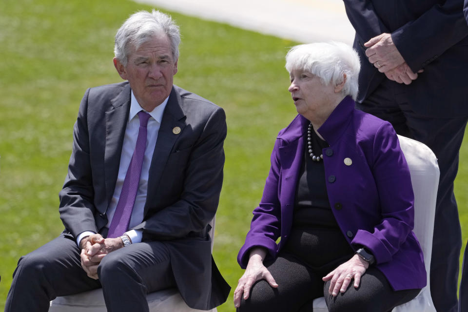 U.S. Treasury Secretary Janet Yellen, right, and Federal Reserve Chairman Jerome Powell wait for a group photo session of the G7 meeting of finance ministers and central bank governors, in Niigata, Japan, Friday, May 12, 2023. (AP Photo/Shuji Kajiyama)