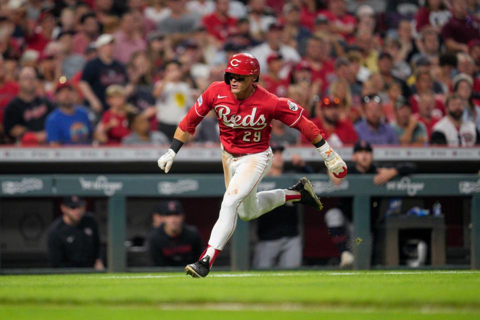 TJ Friedl rounds third base and scores for the Reds on a Joey Votto single in the seventh inning against the Cleveland Guardians in Cincinnati, Wednesday, Aug. 16, 2023.