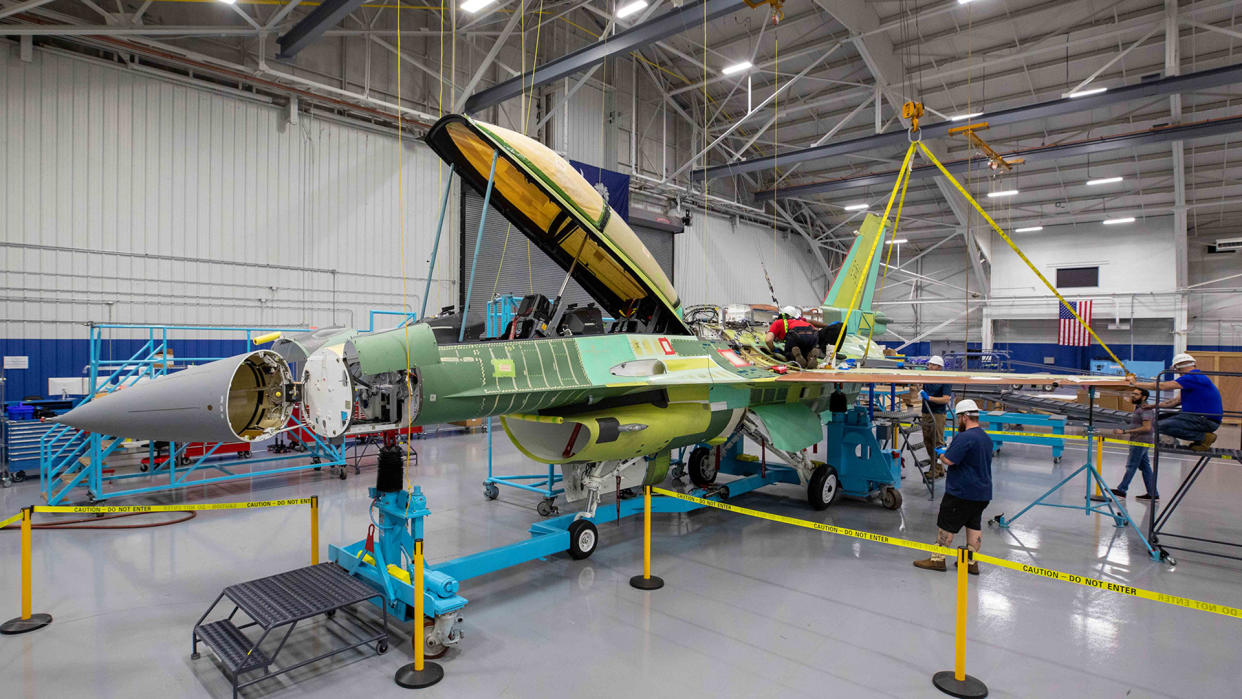 An F-16D on the Lockheed Martin production line in Greenville.
