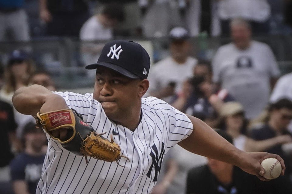 New York Yankees relief pitcher Wandy Peralta pitches the final out in a baseball game against Tampa Bay Rays, Saturday, May 13, 2023, in New York. (AP Photo/Bebeto Matthews)