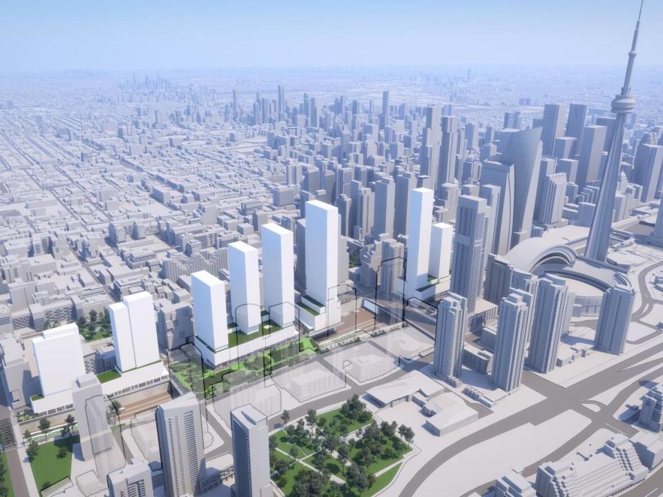 The developers behind the project called Rail Deck District are proposing to cover the rail corridor south of Front Street in downtown Toronto and build nine condo towers on the site. The latest version of the plan has been submitted to city hall but is yet to go to city council.    (CKF Rail Development Ltd. Partnership - image credit)