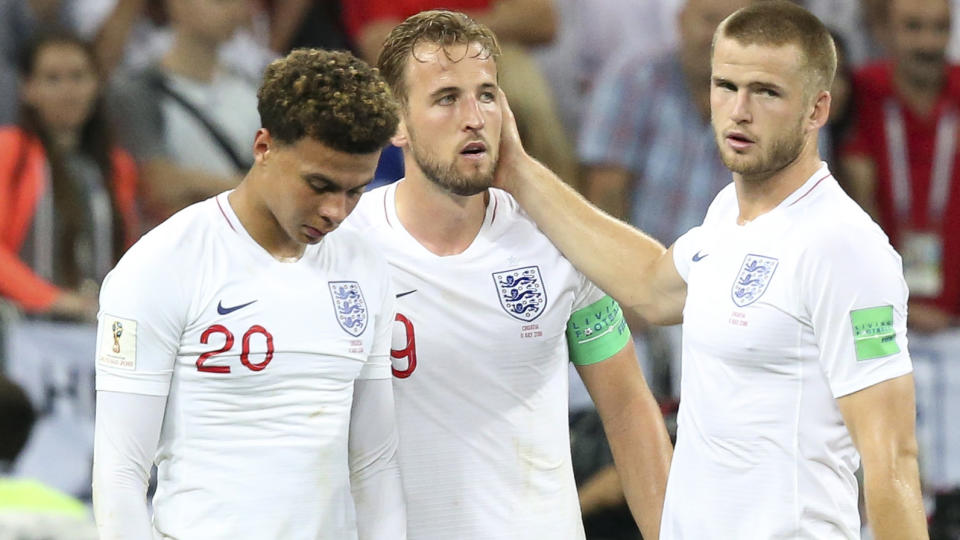 MOSCOW, RUSSIA – JULY 11: Dele Alli, Harry Kane, Eric Dier of England are dejected following the 2018 FIFA World Cup Russia Semi Final match between England and Croatia at Luzhniki Stadium on July 11, 2018 in Moscow, Russia. (Photo by Jean Catuffe/Getty Images)