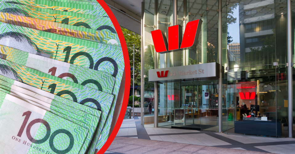 Australian $100 notes stacked on top of each other and the exterior of a Westpac branch.