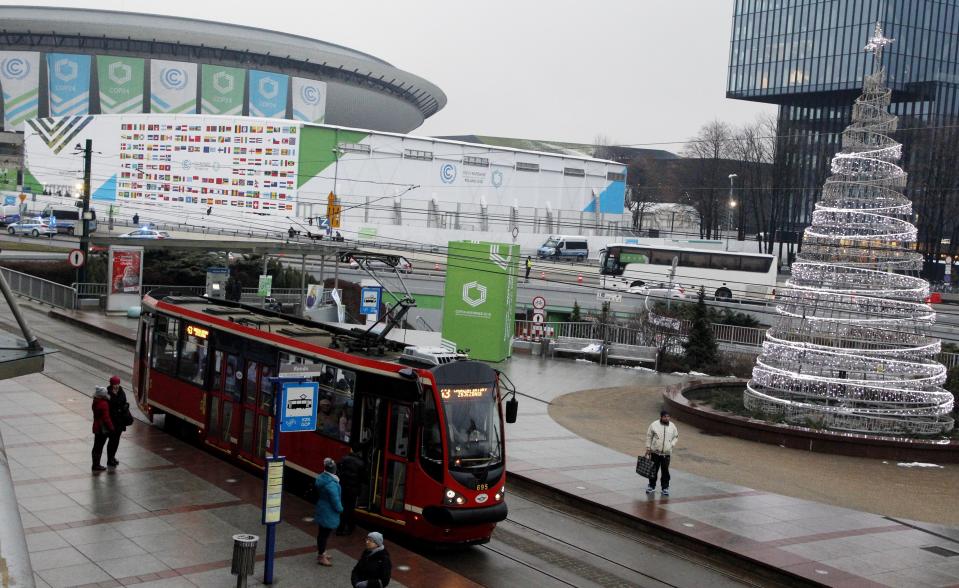 A tramway at a stop near the "Spodek" arena, part of the venue where U.N. climate talks are help on ways of combating global warming in Katowice, Poland, Wednesday, Dec. 12, 2018.(AP Photo/Czarek Sokolowski)