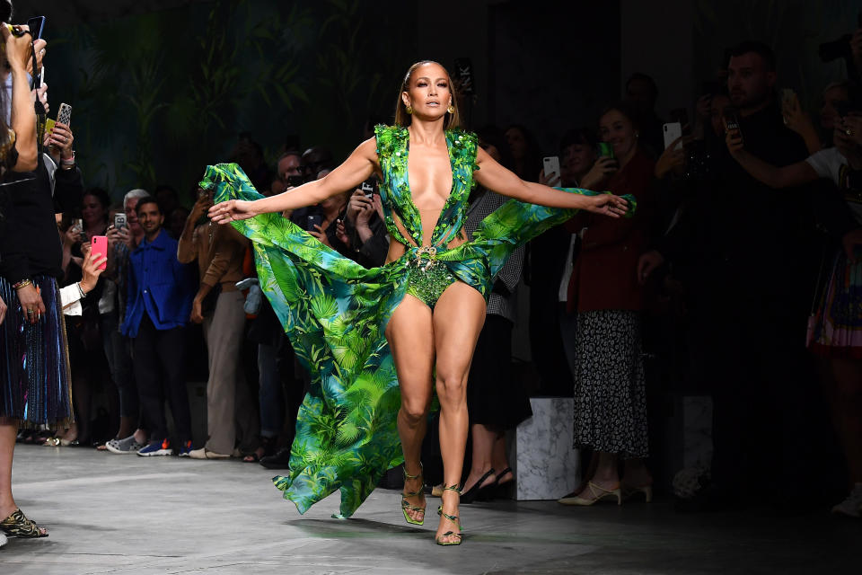 MILAN, ITALY - SEPTEMBER 20: Jennifer Lopez walks the runway at the Versace show during the Milan Fashion Week Spring/Summer 2020 on September 20, 2019 in Milan, Italy. (Photo by Jacopo Raule/Getty Images)