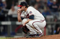 Atlanta Braves relief pitcher Jacob Webb reacts after hitting New York Mets' Kevin Pillar with a pitch in the seventh inning of a baseball game Monday, May 17, 2021, in Atlanta. (AP Photo/John Bazemore)