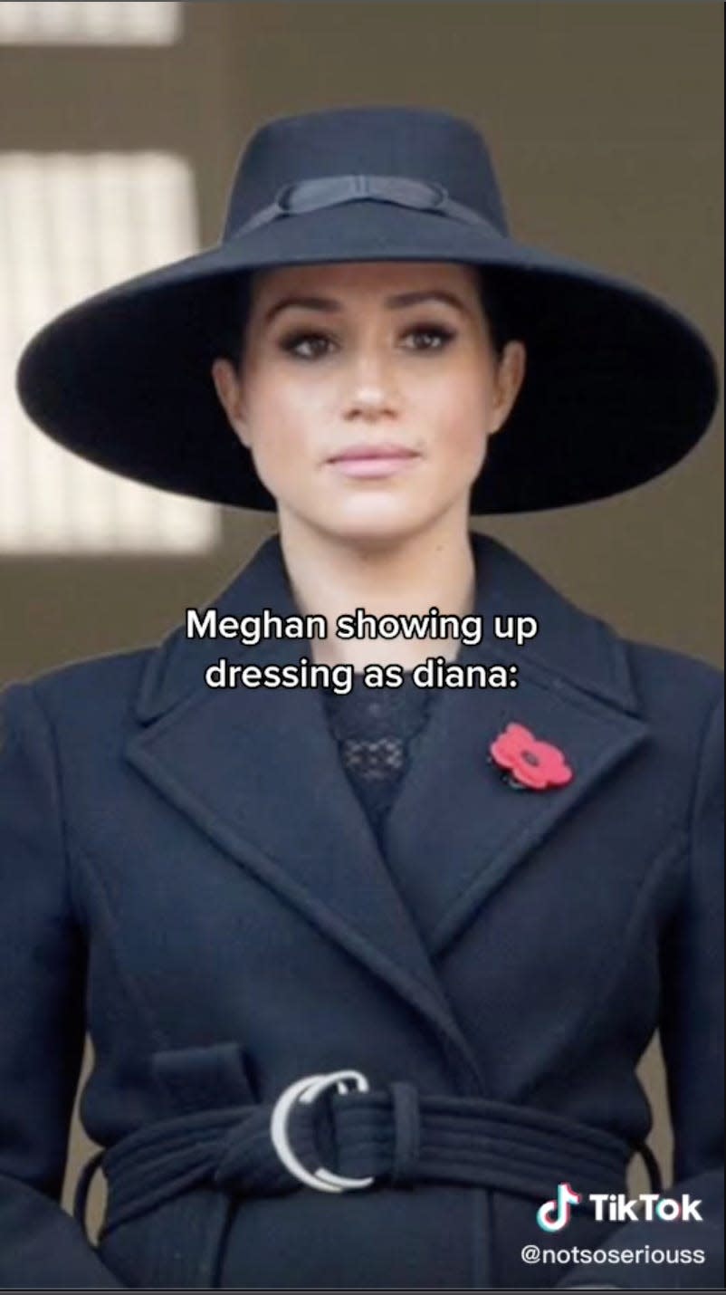 A screenshot of a TikTok showing Meghan Markle in an all-black outfit with a red flower pinned to her lapel and the text "Meghan showing up dressing as diana:" on it.