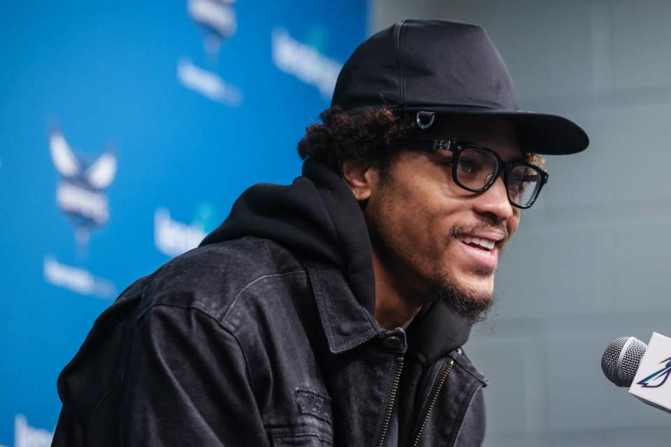 Hornets forward Kelly Oubre, Jr. during interviews wrapping up the end of the Hornets’ season at Spectrum Center on Monday, April 10, 2023.