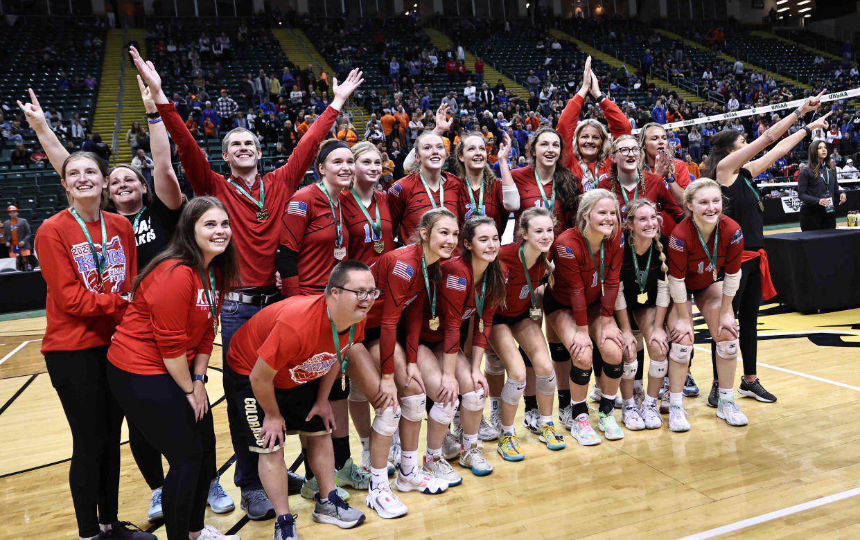 Kings celebrates after wining the Division I girls state volleyball championship at Wright State's Nutter Center Saturday, Nov. 11, 2023.
