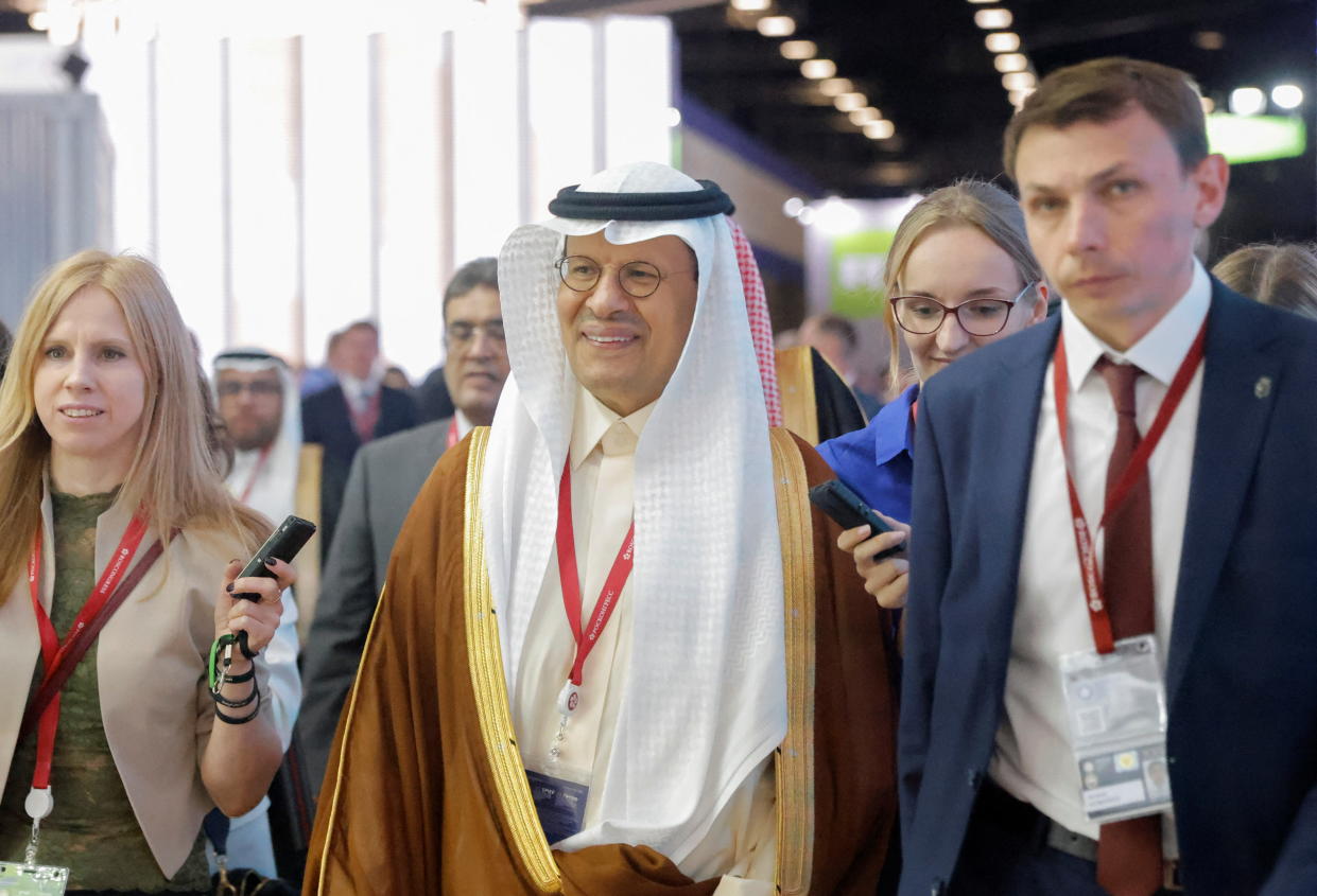 Saudi Arabia's Energy Minister Prince Abdulaziz bin Salman walks during a meeting with Russia's Deputy Prime Minister Alexander Novak at the St. Petersburg International Economic Forum (SPIEF) in Saint Petersburg, Russia June 16, 2022. REUTERS/Maxim Shemetov