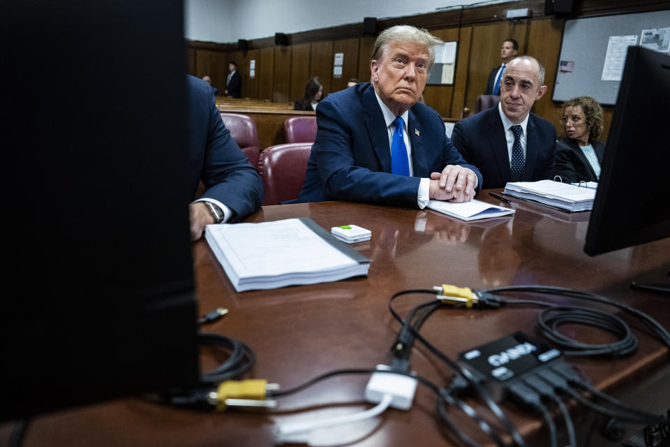 Former President Donald Trump awaits the start of proceedings during jury selection at Manhattan criminal court, Thursday, April 18, 2024 in New York. (Jabin Botsford/The Washington Post via AP, Pool)