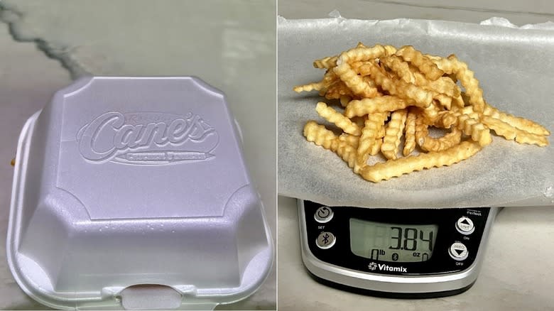 Raising Cane's fries in container next to fries on food scale