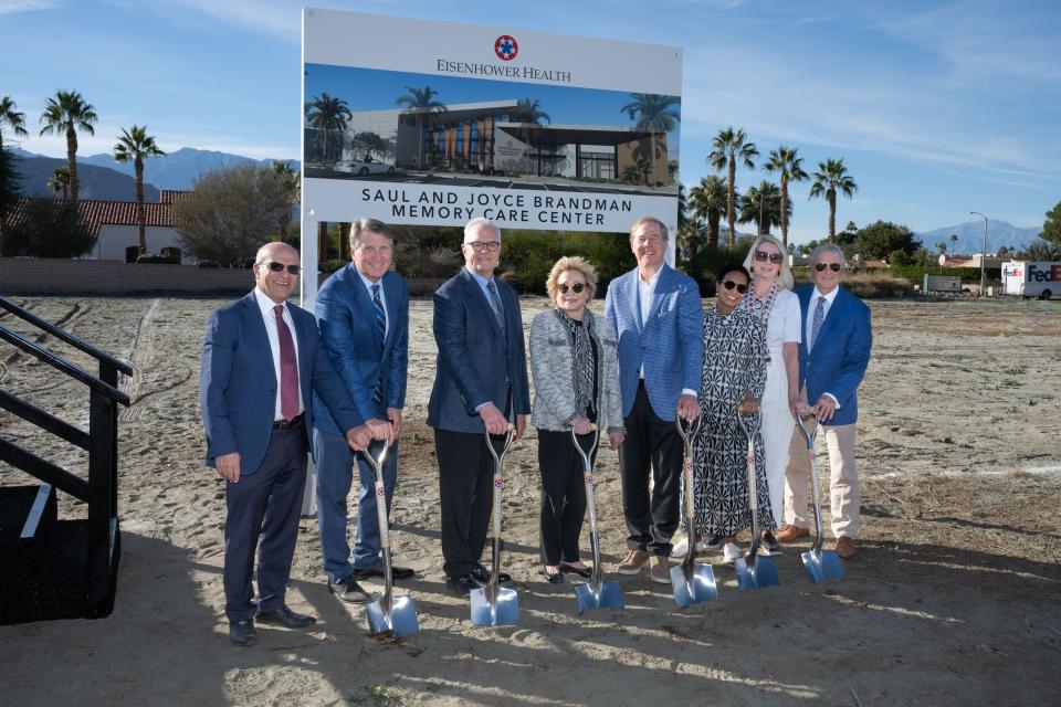 Eisenhower Health officials and Joyce Brandman, fourth from left, at the Saul and Joyce Brandman Memory Care Center groundbreaking ceremony on Tuesday, Jan. 16, 2024.