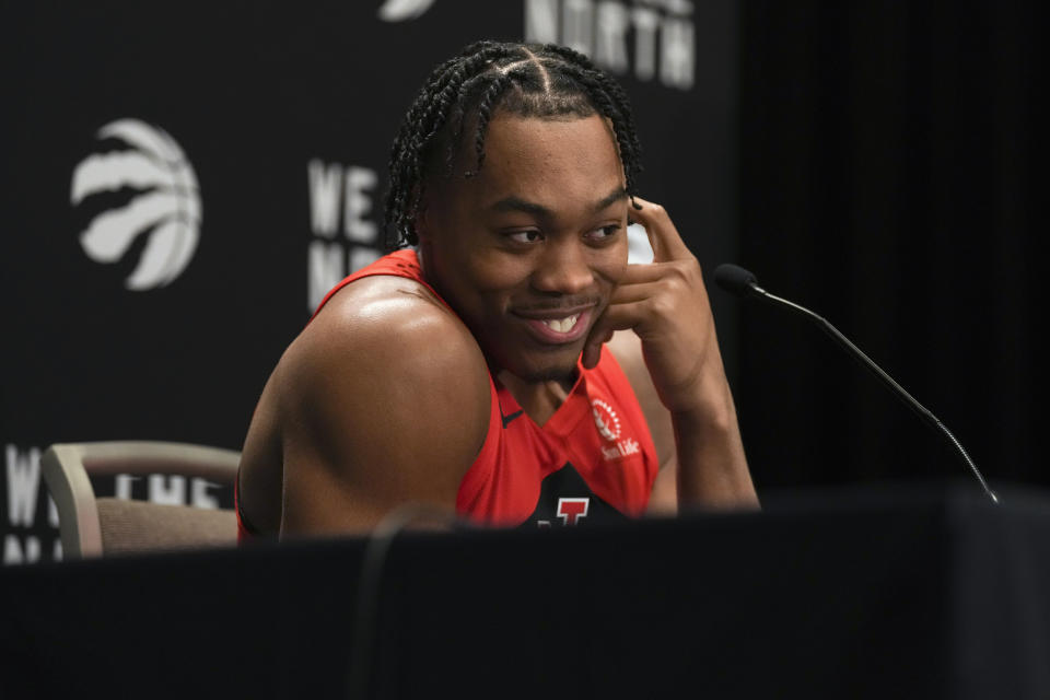 Toronto Raptors' Scottie Barnes speaks to reporters during the NBA basketball team's media day in Toronto Monday, Oct. 2, 2023. (Chris Young/The Canadian Press via AP)