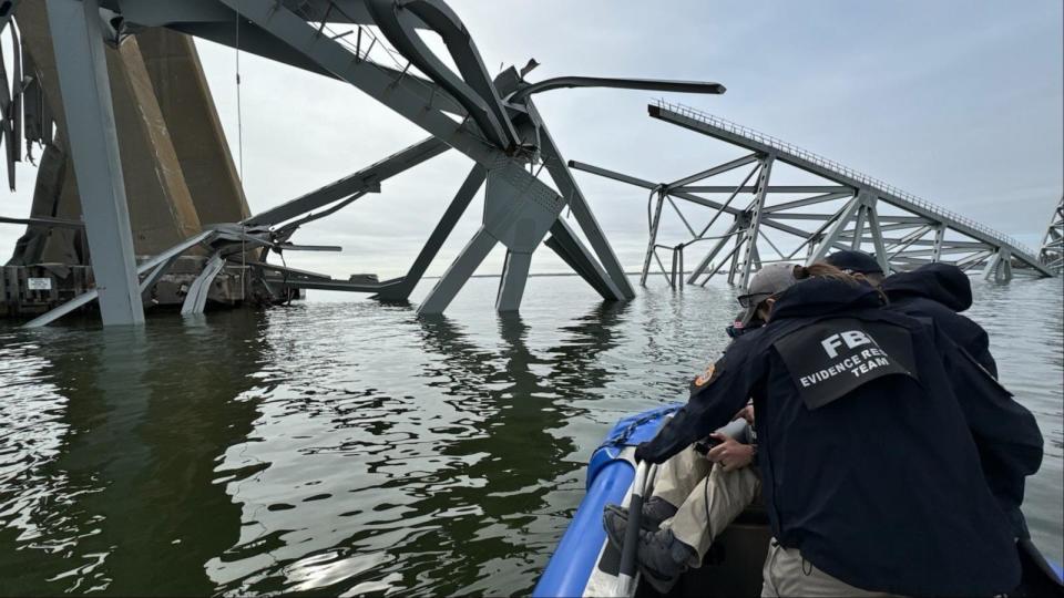 PHOTO: FBI divers assisting in the search and rescue at the Francis Scott Key Bridge in Baltimore on March 26,2024. (Obtained by ABC News)