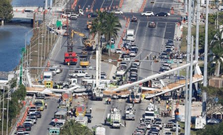 FILE PHOTO: Aerial view shows a pedestrian bridge collapsed at Florida International University in Miami, Florida, U.S., March 15, 2018.  REUTERS/Joe Skipper/File Photo