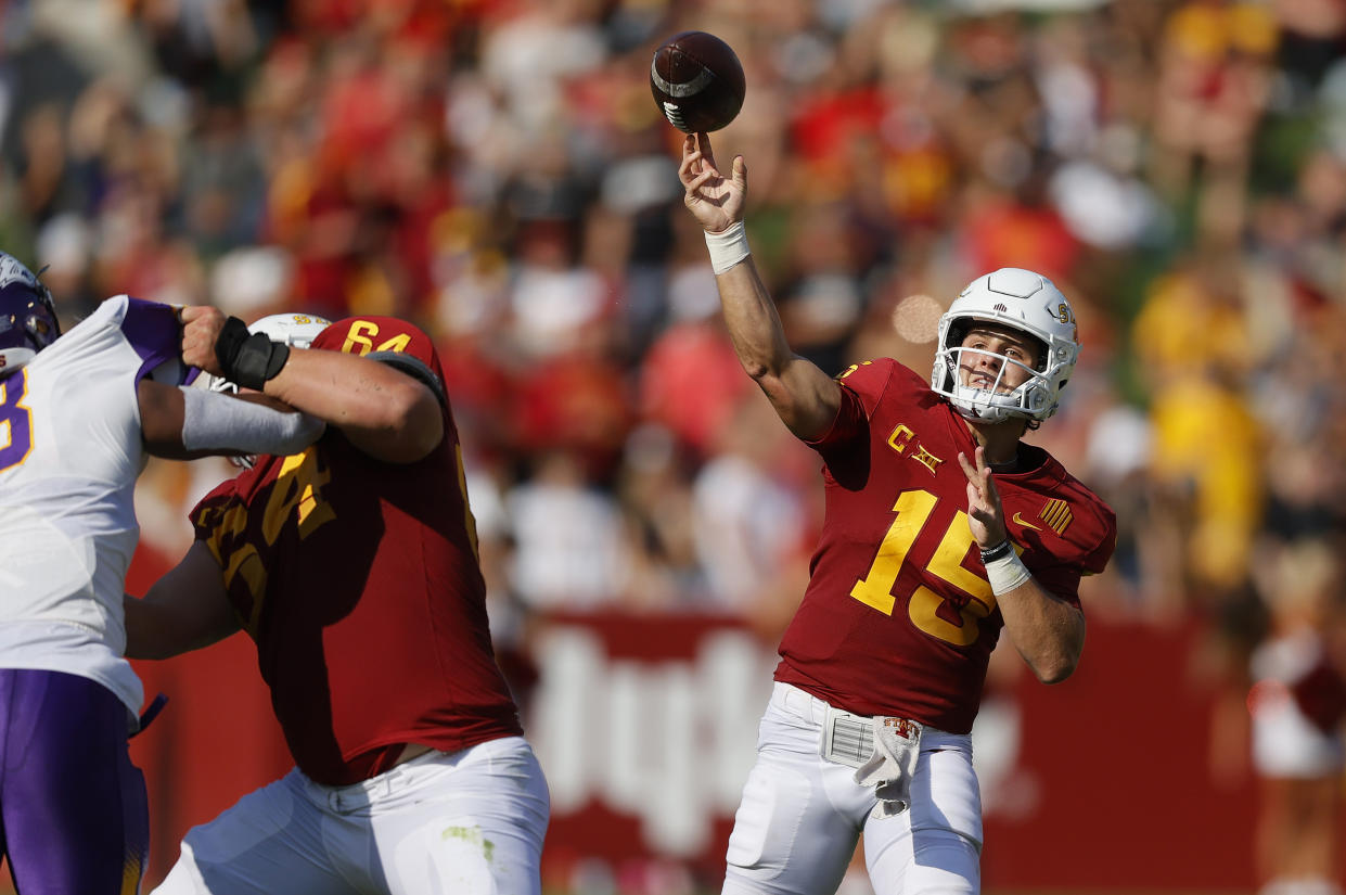 Iowa State quarterback Brock Purdy (15) sends a pass downfield during the first half against Northern Iowa in an NCAA college football game, Saturday, Sept. 4, 2021, in Ames, Iowa. (AP Photo/Matthew Putney)