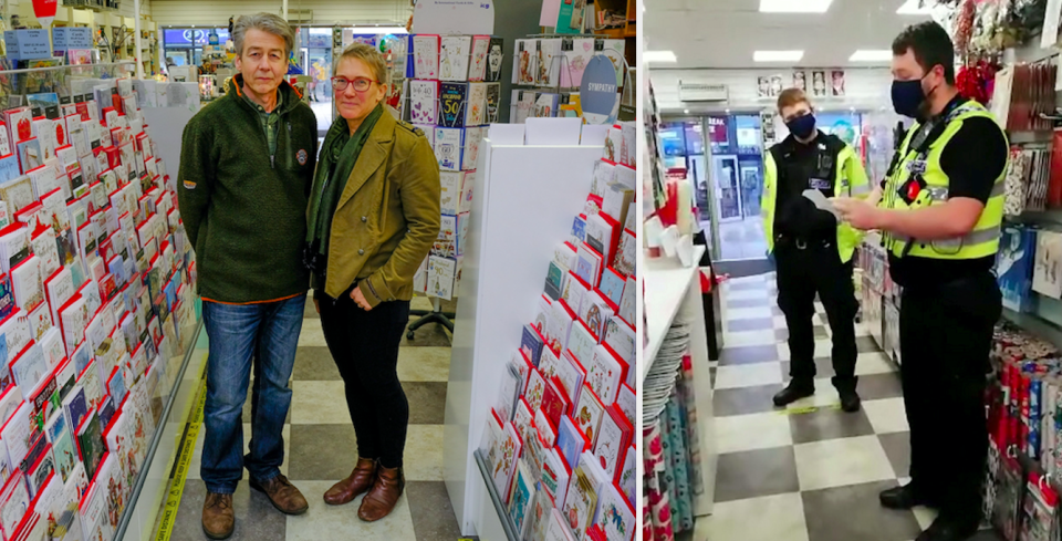 Alasdair and Lydia Walker-Cox (left) were visited by police after they kept their store open during lockdown. (SWNS)